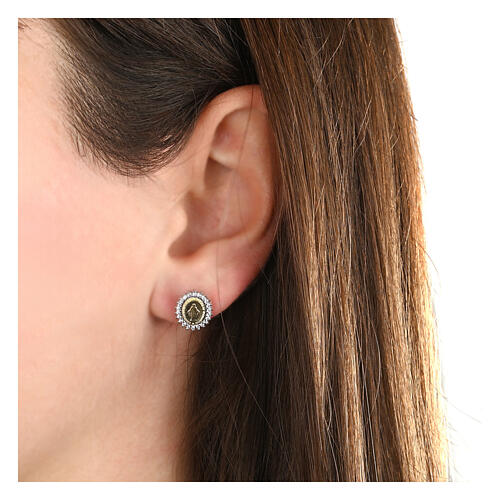Agios earrings, gold plated Miraculous medal with white rhinestones 2