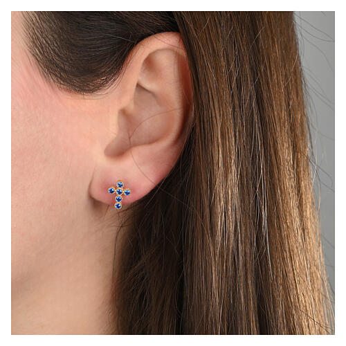 Gold Cross Earrings with Blue Zircon, Agios 2