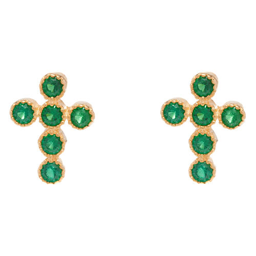 Gold plated earrings by Agios, cross of emerald rhinestones 1