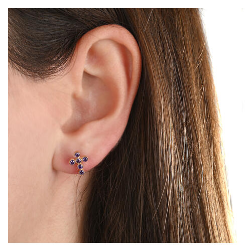 Ohrstecker, Kreuzform, mit violetten Zirkonia, 925er Silber, vergoldet, Agios 2