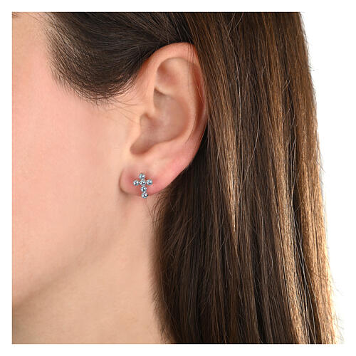 Boucles d'oreilles argent croix en zircons bleu ciel Agios 2