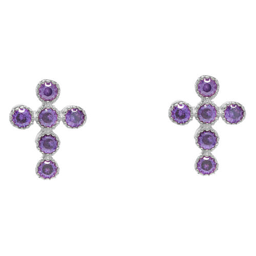 Agios silver cross earrings with purple zirconia 1