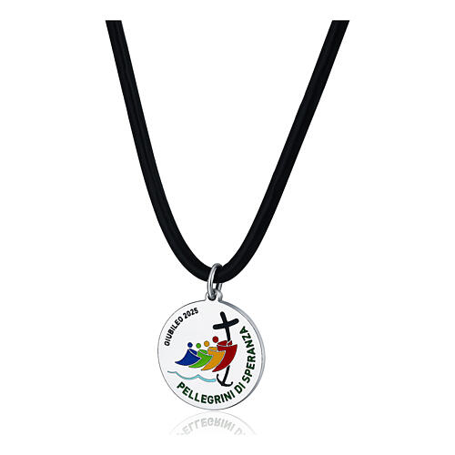 Collier Jubilé 2025 caoutchouc noir pendentif acier 15 mm 1