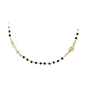 Rosary Necklace Choker AMEN 925 Silver Gold-Plated with Black Crystals