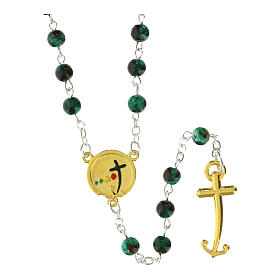 Steel rosary with green glass beads, Jubilee medal and golden anchor-shaped cross, Endless