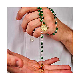 Steel rosary with green glass beads, Jubilee medal and golden anchor-shaped cross, Endless