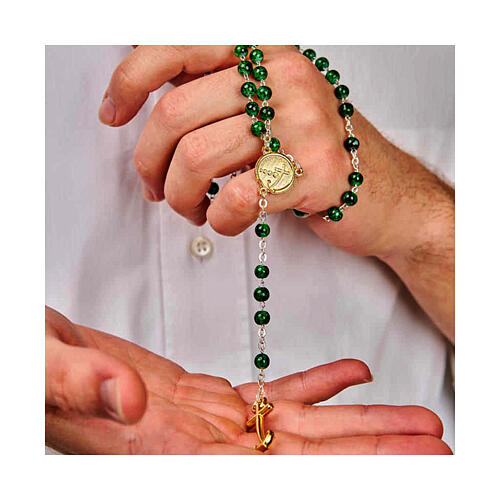 Steel rosary with green glass beads, Jubilee medal and golden anchor-shaped cross, Endless 2