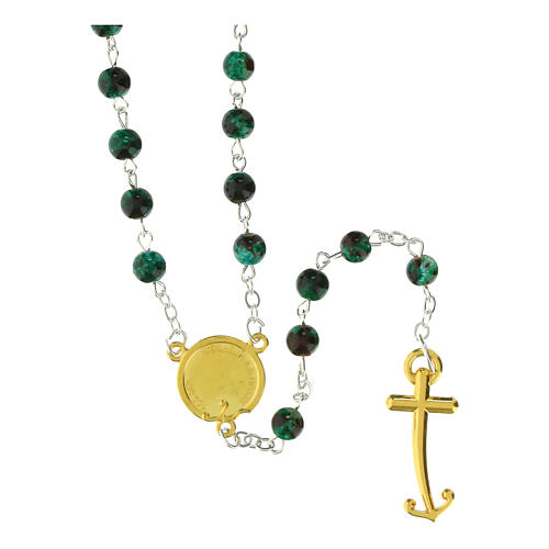 Steel rosary with green glass beads, Jubilee medal and golden anchor-shaped cross, Endless 3