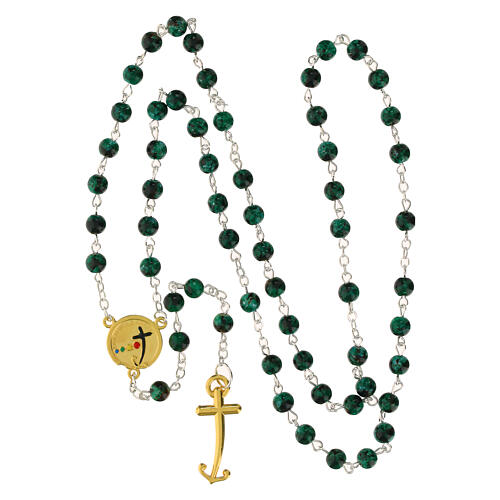 Steel rosary with green glass beads, Jubilee medal and golden anchor-shaped cross, Endless 6