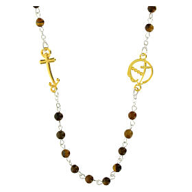 Necklace with tiger's eye beads and golden anchor-shaped cross, Jubilee jewels by Endless