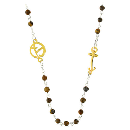 Collana grani occhio di tigre croce ancora dorata Giubileo Endless 3