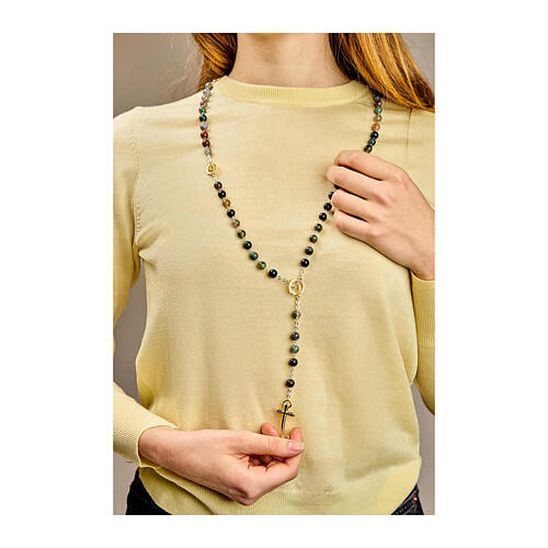 Jubiläumsrosenkranz aus Stahl mit indischen Achat Perlen und goldenem Jubiläumslogo Endless 2