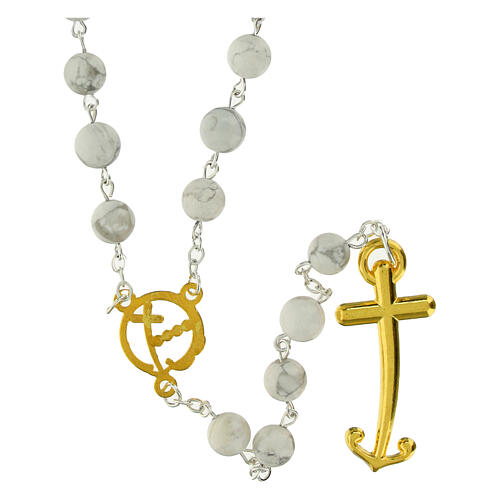 Jubiläumsrosenkranz aus weißem Aulit-Stein mit goldener Kreuzkrone Endless 2