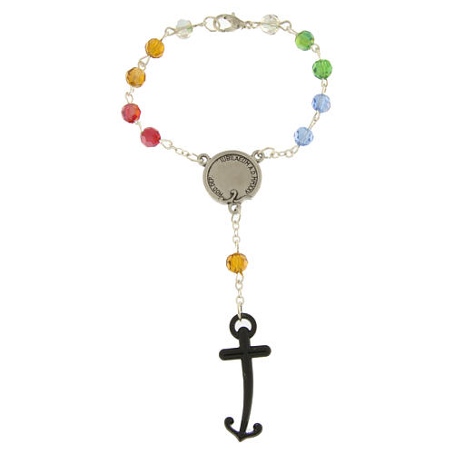 Single decade rosary with colourful crystals, Jubilee anchor-shaped cross, Endless 2