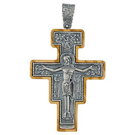 Crucifix de Saint-Damien argent 925 bois d'olivier 8x6 cm