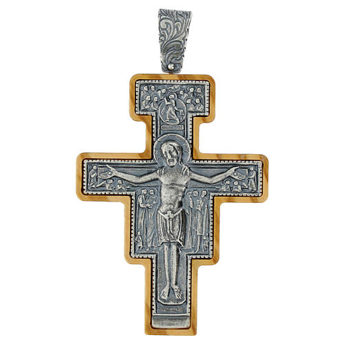 Crucifix de Saint-Damien argent 925 bois d'olivier 8x6 cm 1