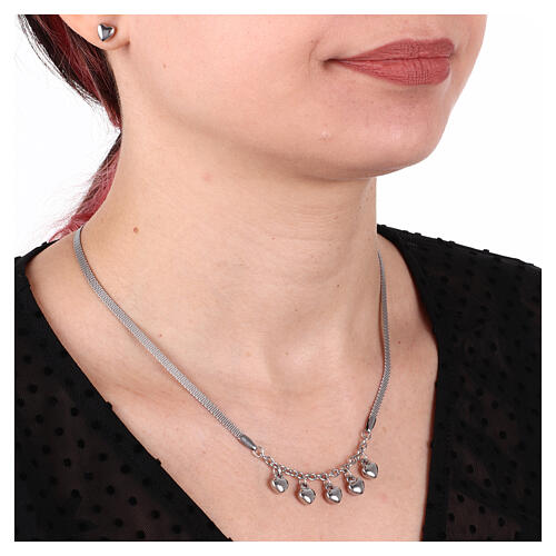 Stainless Steel Mesh Necklace with 5 Heart Charms 2