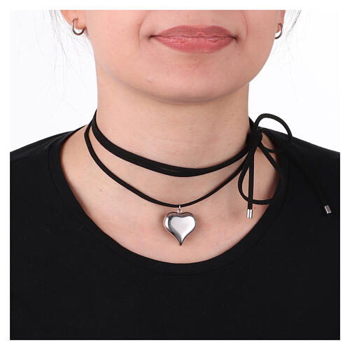 Collar cuerda cuero sintético con corazón abombado acero inoxidable 2