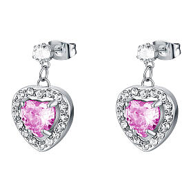 Orecchini punto luce cuore rosa pendente zirconi acciaio inox
