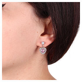 Orecchini punto luce cuore rosa pendente zirconi acciaio inox