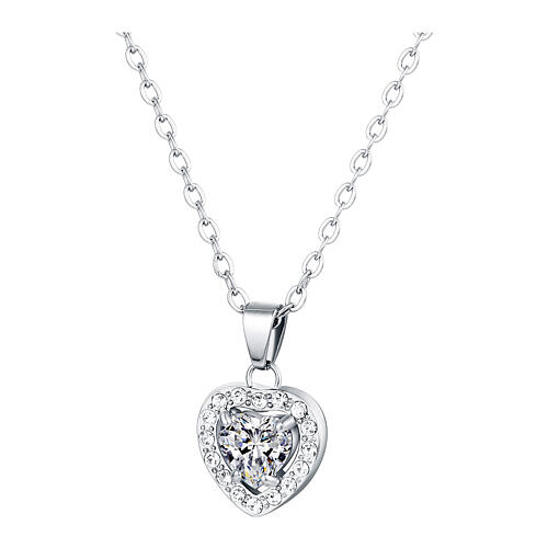 Necklace with white crystal heart, white rhinestones and stainless steel 1