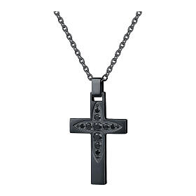 Halskette mit schwarzem Kreuz und schwarzen Kristallen aus Edelstahl