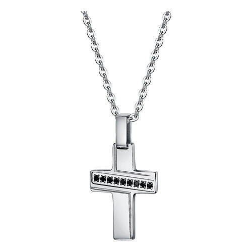 Collana con mini croce e cristalli neri acciaio inox 1