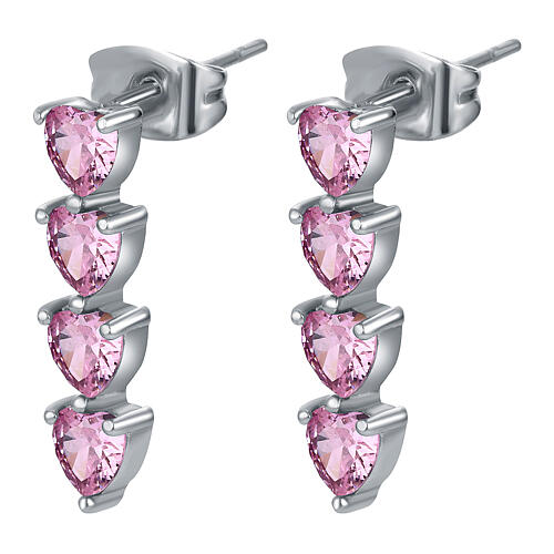 Stainless steel drop earrings with four pink hearts 1