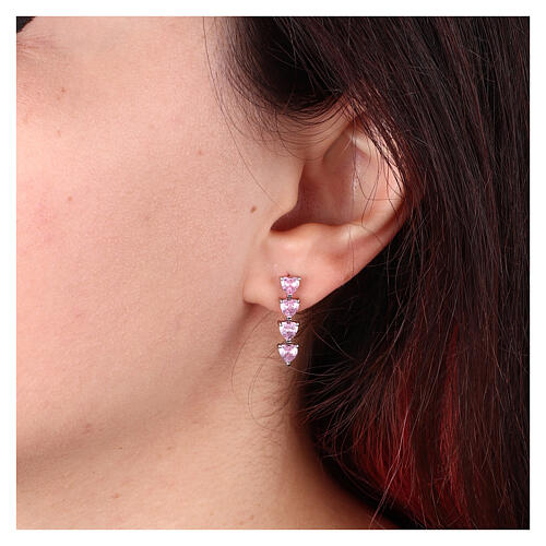 Stainless steel drop earrings with four pink hearts 2
