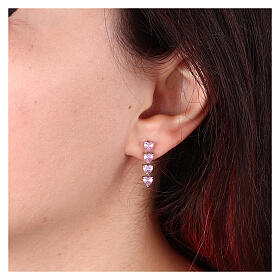 Kolczyki cztery różowe zawieszki serca stal nierdzewna