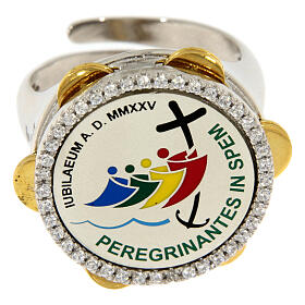 Tambourine-shaped ring with Jubilee logo, gold-plated 925 silver and rhinestones