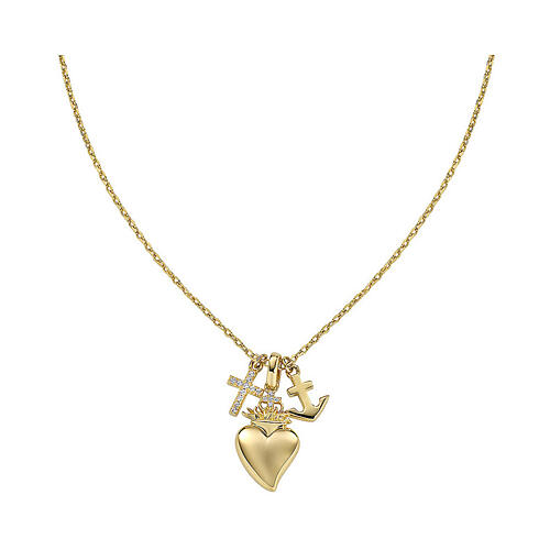 Collana Amen argento 925 dorata charm cuore e croce zirconi bianchi 1