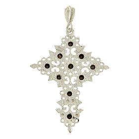 Cross-shaped pendant in 925 silver filigree with red and green gemstones