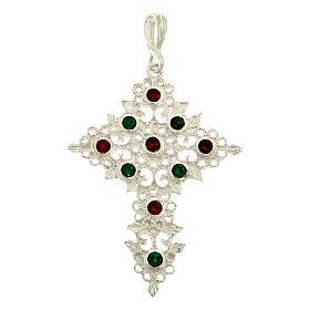 Colgante en forma de cruz de filigrana plata 925 y gemas rojas y verdes