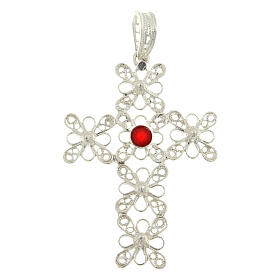 Pendentif croix gemme rouge et filigrane argent 925