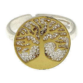 Adjustable 925 silver ring with filigree and gilded Tree of Life