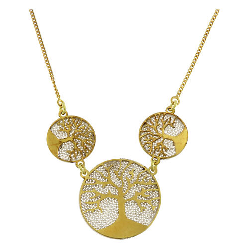 Gold necklace with three Tree of Life pendants in 925 silver filigree 1