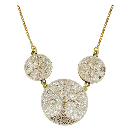 Collar gargantilla dorado tres colgantes árbol de la vida con filigrana plata 925 2