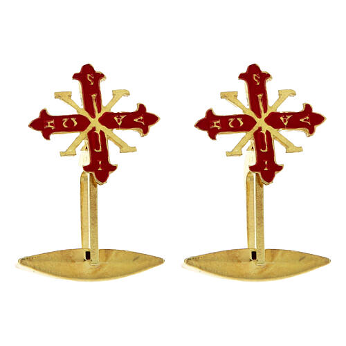 Botões de punho dourados cruz esmaltada vermelha Chi-Rho prata 925 1