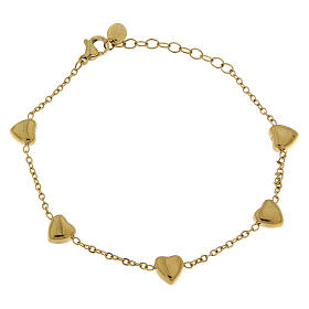 Pulsera acero hipoalergénico 5 corazones grandes dorados