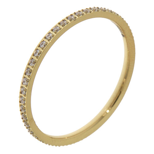 Golden steel hypoallergenic ring band with white crystals 1