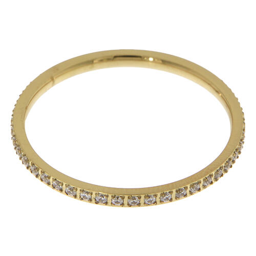 Golden steel hypoallergenic ring band with white crystals 2