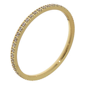 Golden stainless steel band ring with white crystals