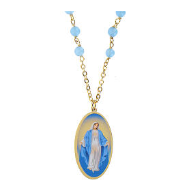 Amen brass necklace with light blue angelite beads and Miraculous Medal