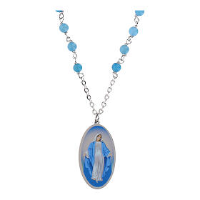 Rhodium-plated brass necklace with light blue angelite and Miraculous Medal by Amen