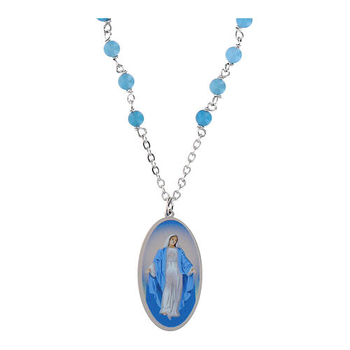 Rhodium-plated brass necklace with light blue angelite and Miraculous Medal by Amen 1