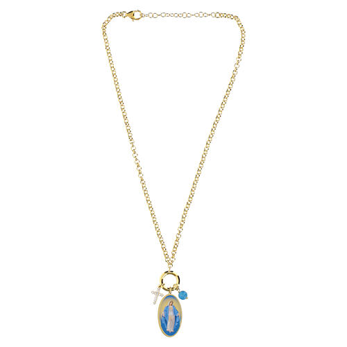 Halskette, AMEN, vergoldetes Messing, mit hellblauer Angelit-Perle, weißen Zirkonia und Gottesmutter von der Wunderbaren Medaille 4