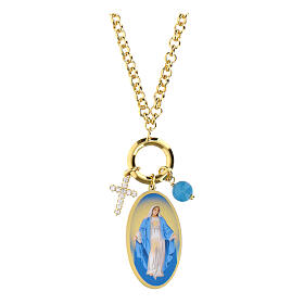 Colar em latão dourado com angelita azul-celeste e zircões brancos Nossa Senhora das Graças Amen