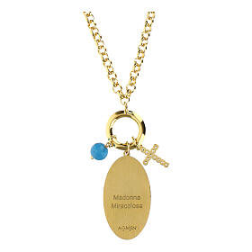 Colar em latão dourado com angelita azul-celeste e zircões brancos Nossa Senhora das Graças Amen