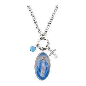 Rhodium-plated brass necklace by Amen with light blue angelite and white zirconia, Miraculous Medal